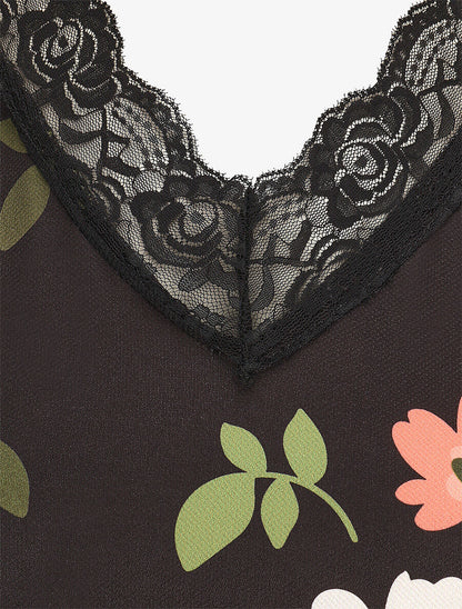 Top fleuri sans manches à détail dentelle - Noir - 3