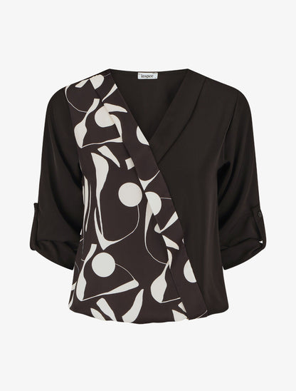Blouse imprimé à manches retroussables - Noir - 1