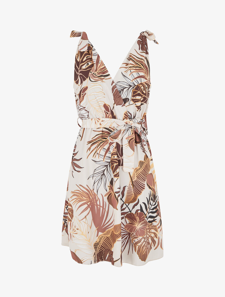 Robe imprimé feuillage à col cache-coeur - Beige - 1