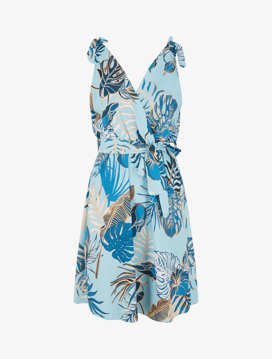 Robe imprimé feuillage à col cache-coeur - Bleu ciel - 4
