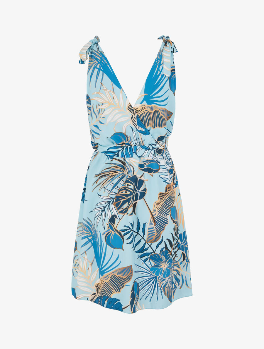 Robe imprimé feuillage à col cache-coeur - Bleu ciel - 2