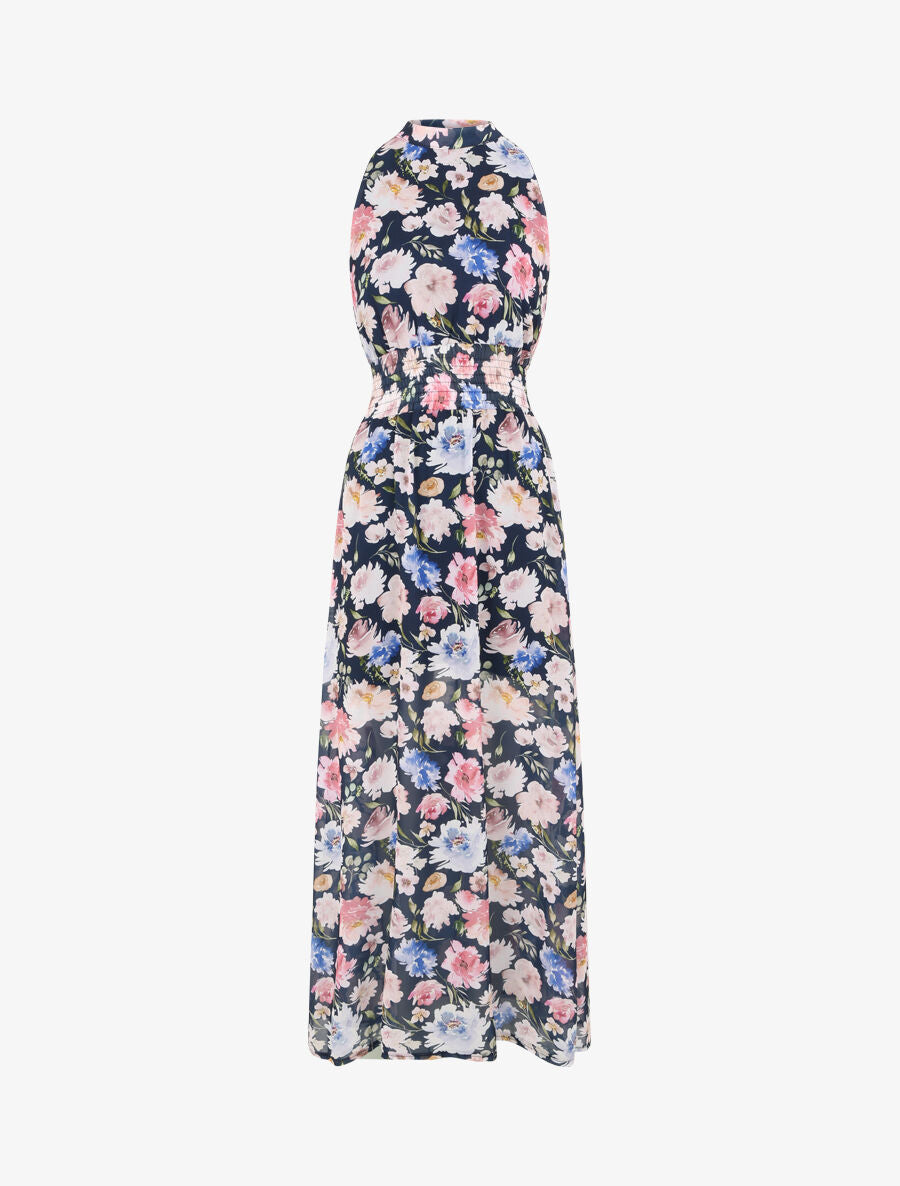 Robe longue en voile imprimé pivoines - Marine - 1