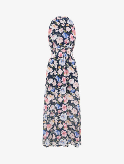 Robe longue en voile imprimé pivoines - Marine - 1