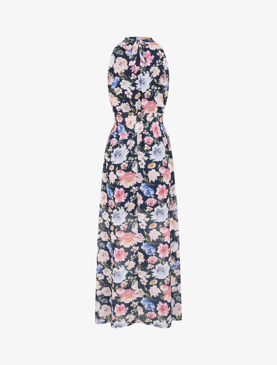 Robe longue en voile imprimé pivoines - Marine - 2