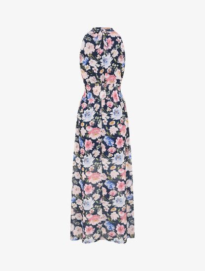 Robe longue en voile imprimé pivoines - Marine - 2
