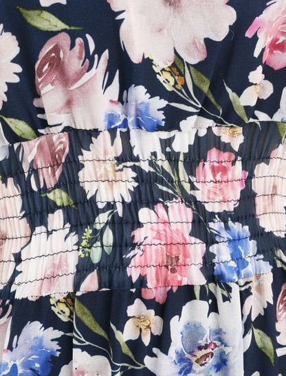 Robe longue en voile imprimé pivoines - Marine - 3