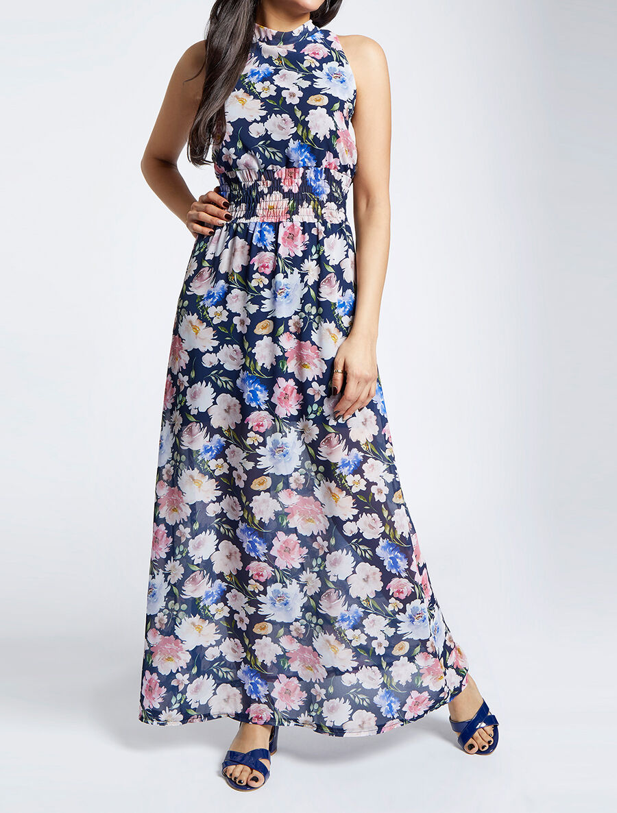 Robe longue en voile imprimé pivoines - Marine - 4