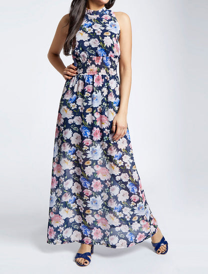 Robe longue en voile imprimé pivoines - Marine - 4