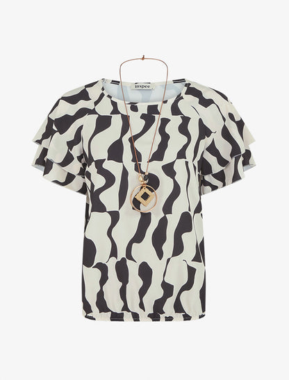 Top imprimé graphique et sautoir - Beige - 1