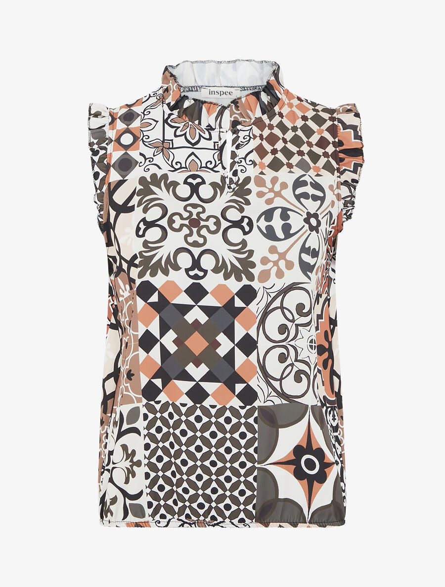 Top satiné sans manches motif patchwork et volants - Beige - 1