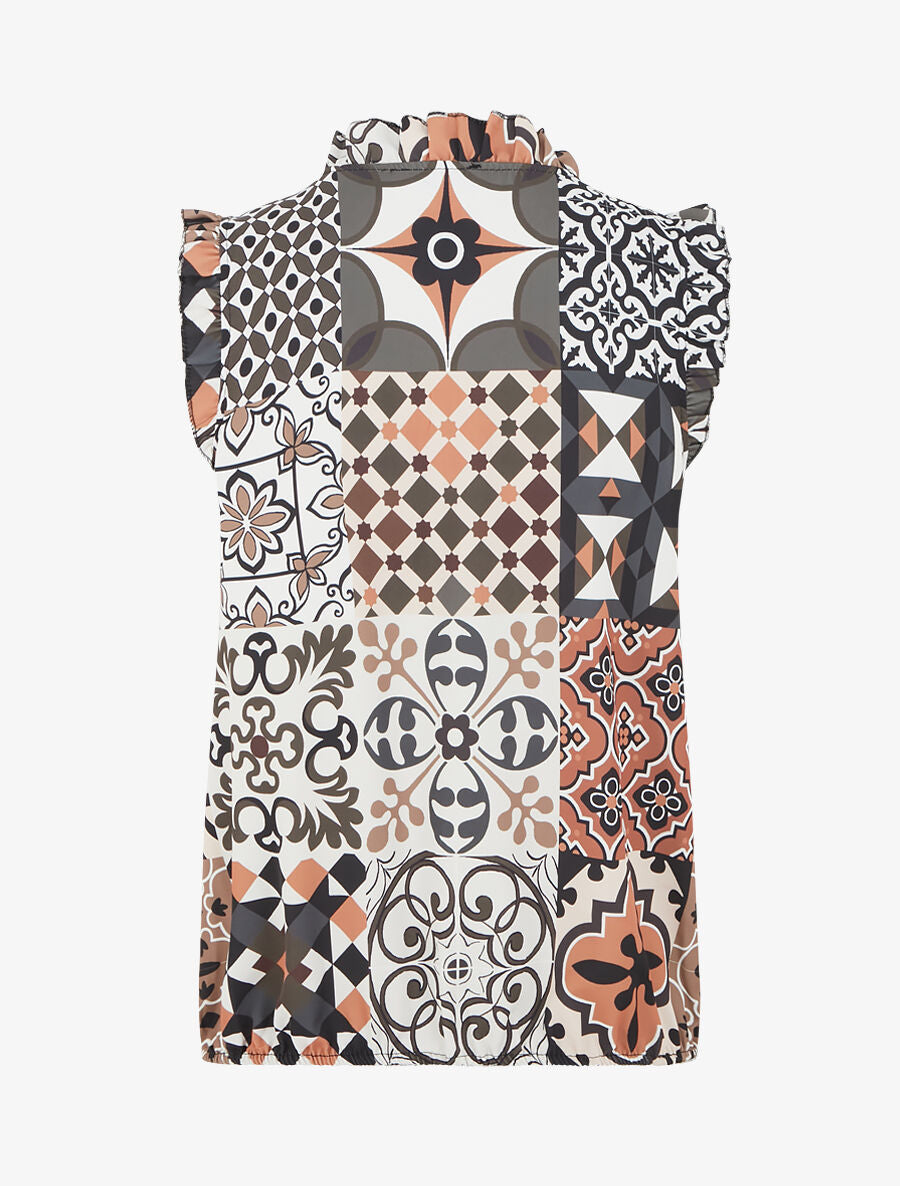 Top satiné sans manches motif patchwork et volants - Beige - 2