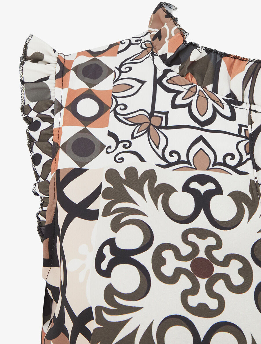 Top satiné sans manches motif patchwork et volants - Beige - 3