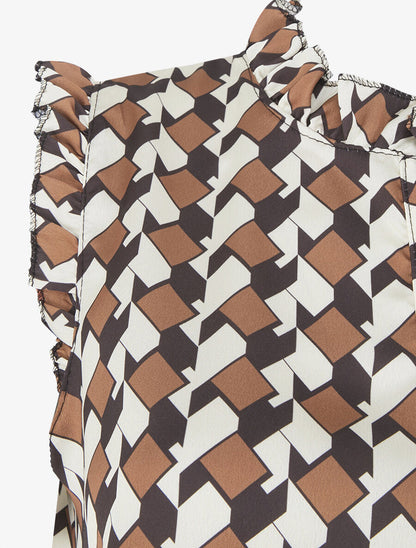 Top satiné sans manches motif graphique et volants - Marron - 3