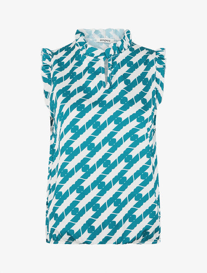 Top satiné sans manches motif fantaisie et volants - Bleu canard - 1