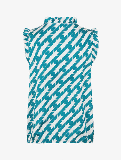 Top satiné sans manches motif fantaisie et volants - Bleu canard - 2