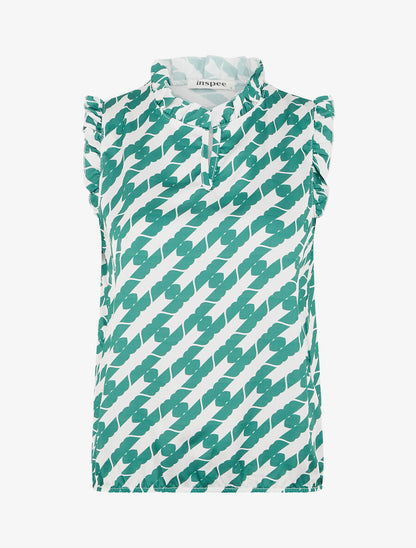 Top satiné sans manches motif fantaisie et volants - Vert émeraude - 1