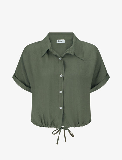Blouse unie à cordons de serrage - Kaki - 4