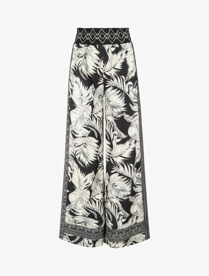 Pantalon fluide coupe flare imprimé feuillages - Noir - 1