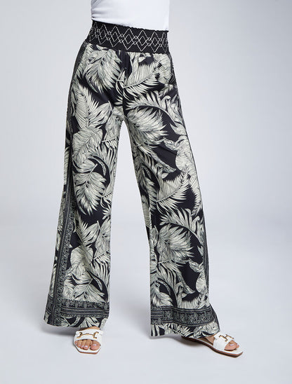 Pantalon fluide coupe flare imprimé feuillages - Noir - 4