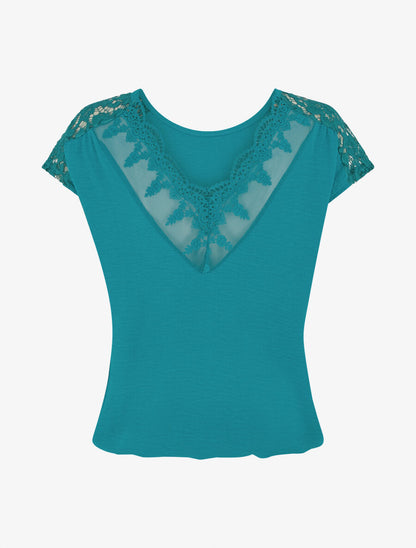 Top uni à dos en dentelle - Bleu canard - 2