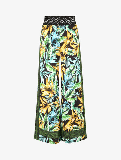 Pantalon fluide coupe flare imprimé fleurs sauvages - Noir - 1