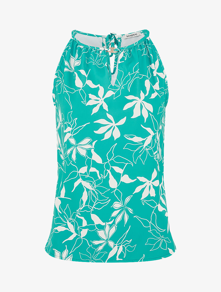 Top évasé sans manches motif fleuri - Turquoise - 4