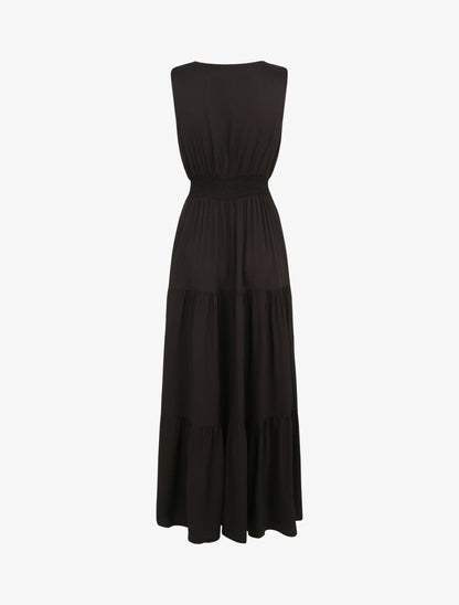 Robe longue cintrée à taille élastiquée - Noir - 2