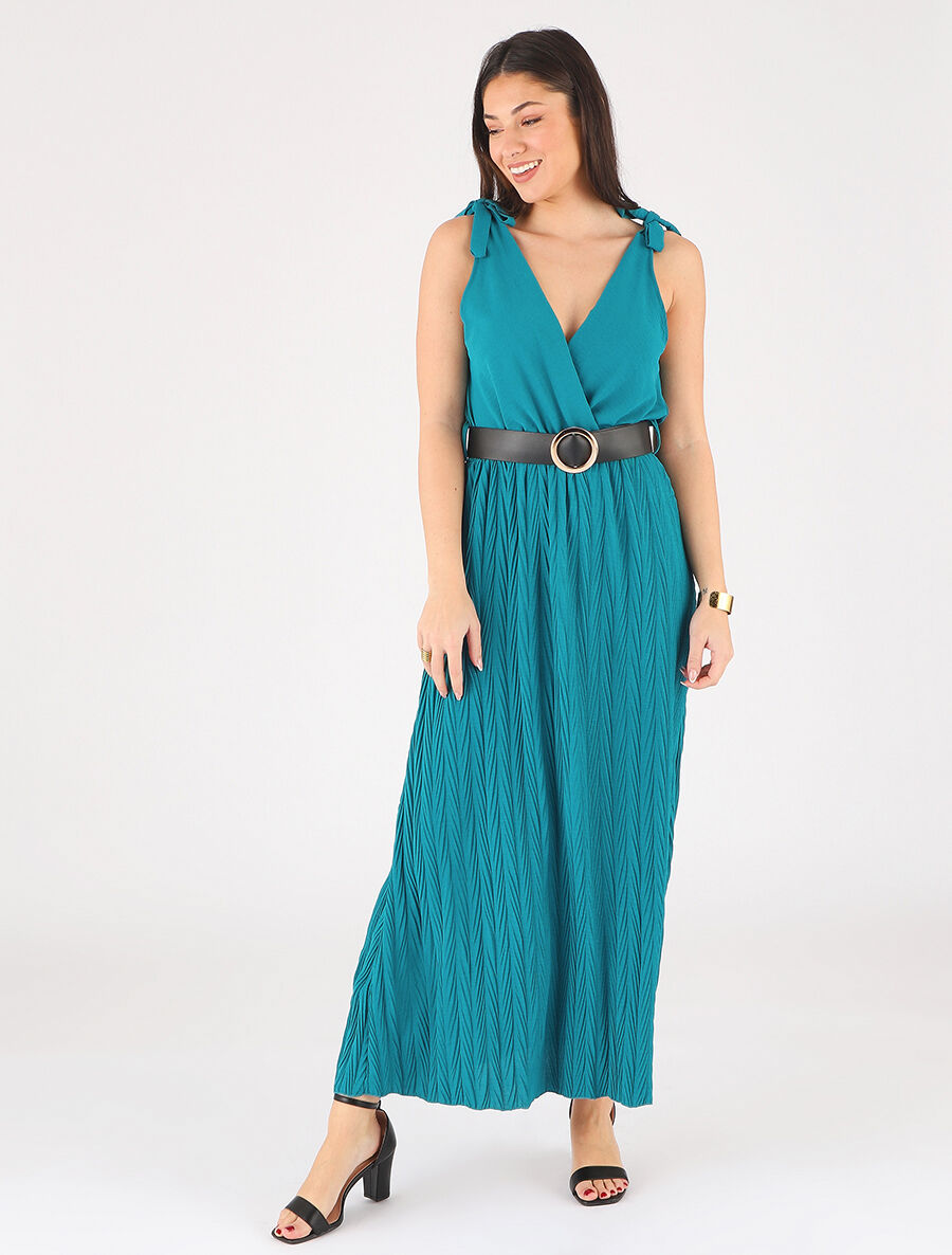 Robe longue à jupe texturée - Bleu canard - 4