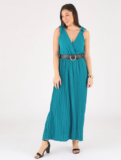 Robe longue à jupe texturée - Bleu canard - 4