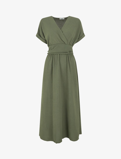Robe longue unie col cache coeur - Kaki - 1