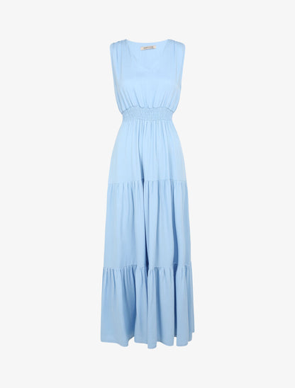 Robe longue cintrée à taille élastiquée - Bleu ciel - 1
