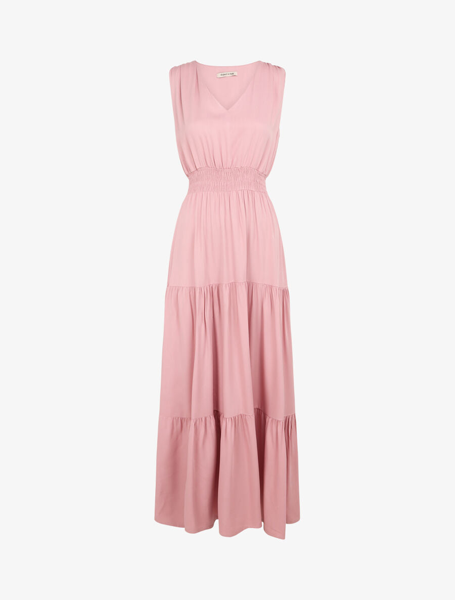 Robe longue cintrée à taille élastiquée - Rose - 1
