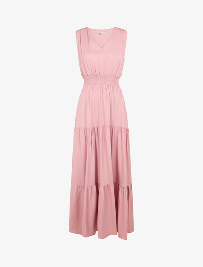 Robe longue cintrée à taille élastiquée - Rose - 1