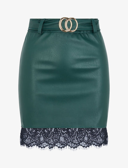 Mini-jupe en simili à bords en dentelle - Vert sapin - 3
