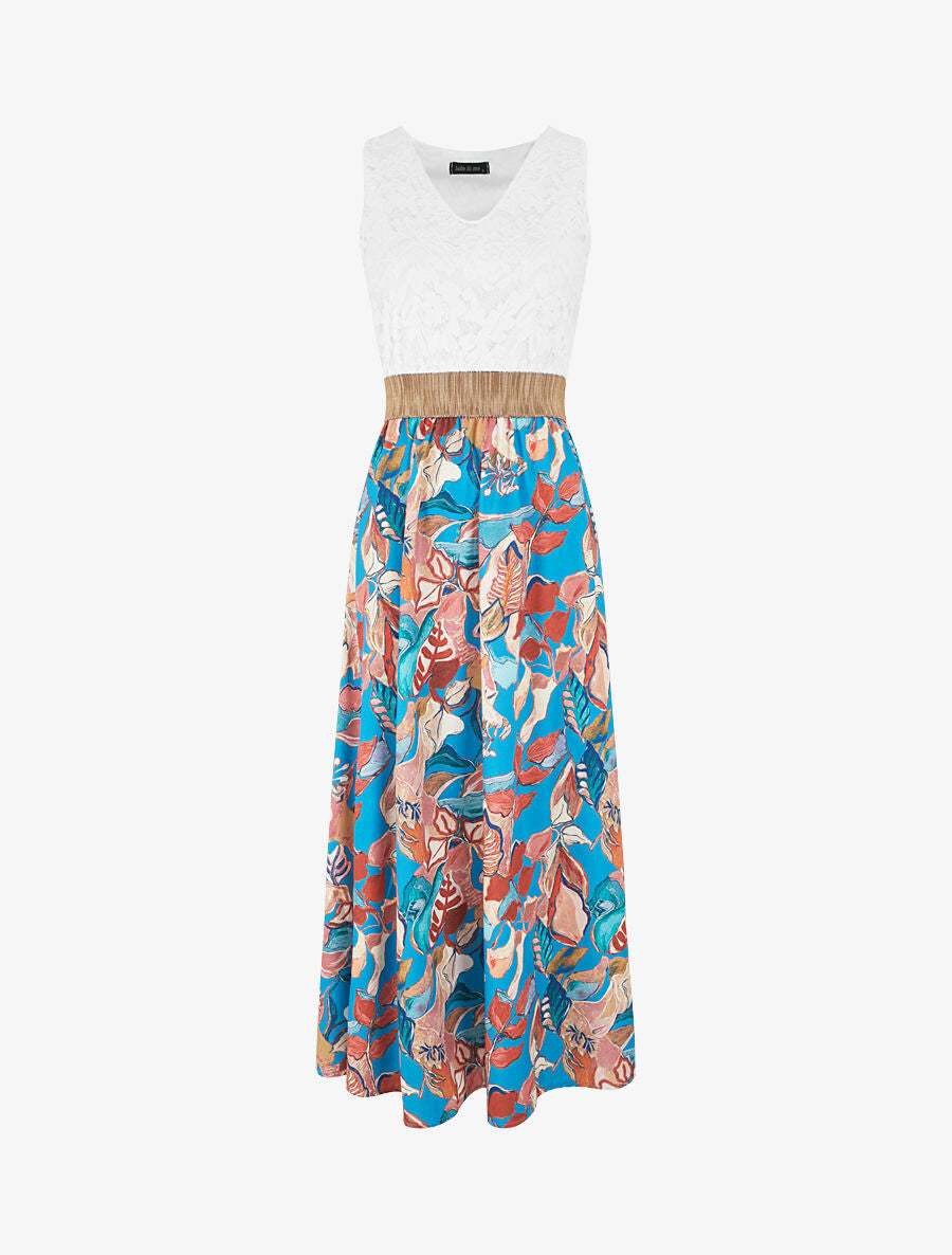 Robe longue bi-matière imprimé feuillage - Bleu canard - 5