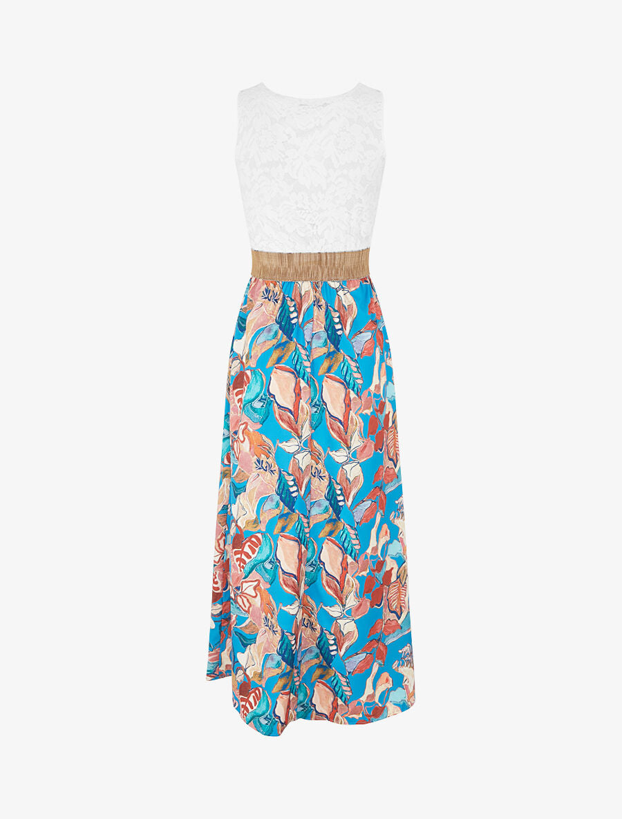 Robe longue bi-matière imprimé feuillage - Bleu canard - 2