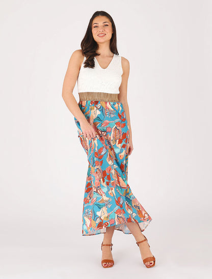 Robe longue bi-matière imprimé feuillage - Bleu canard - 4