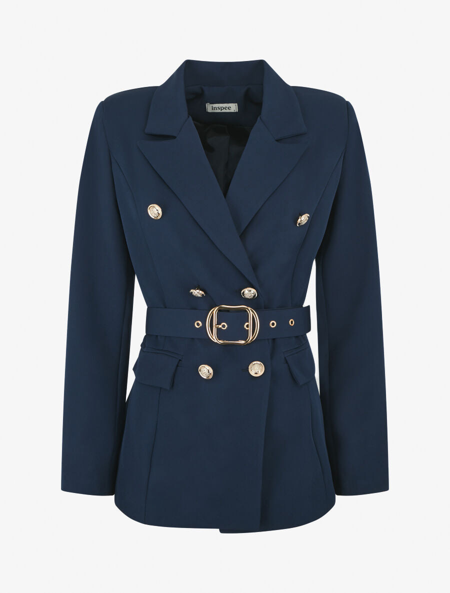 Blazer mi-long boutonné et ceinturé - Marine - 4
