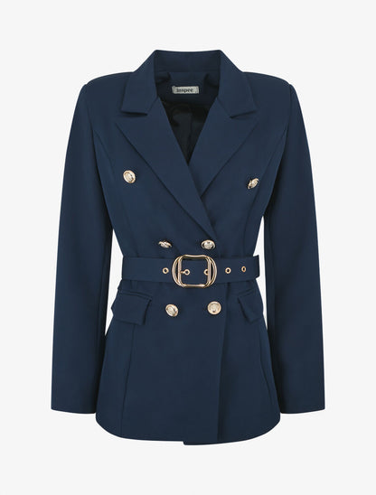 Blazer mi-long boutonné et ceinturé - Marine - 4