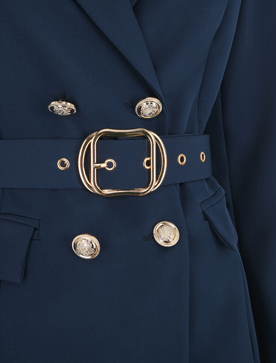 Blazer mi-long boutonné et ceinturé - Marine - 3