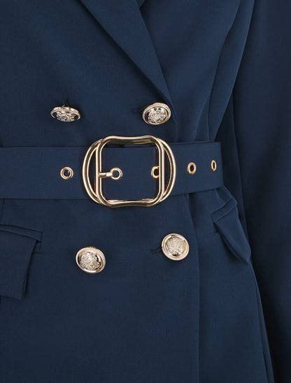 Blazer mi-long boutonné et ceinturé - Marine - 3