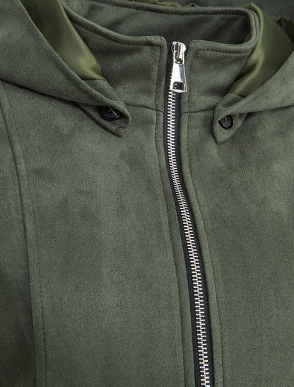 Veste en suédine zippée à capuche - Kaki - 3