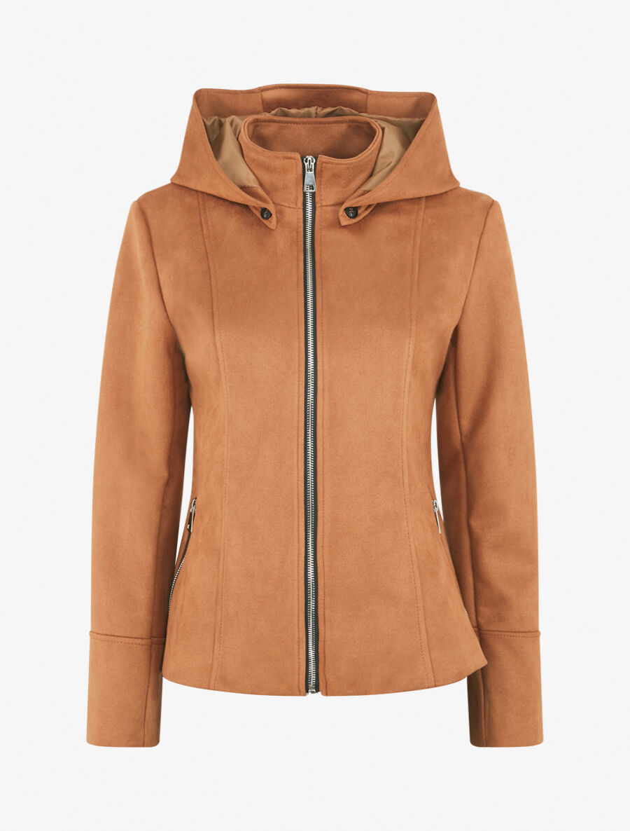 Veste en suédine zippée à capuche - Camel - 1