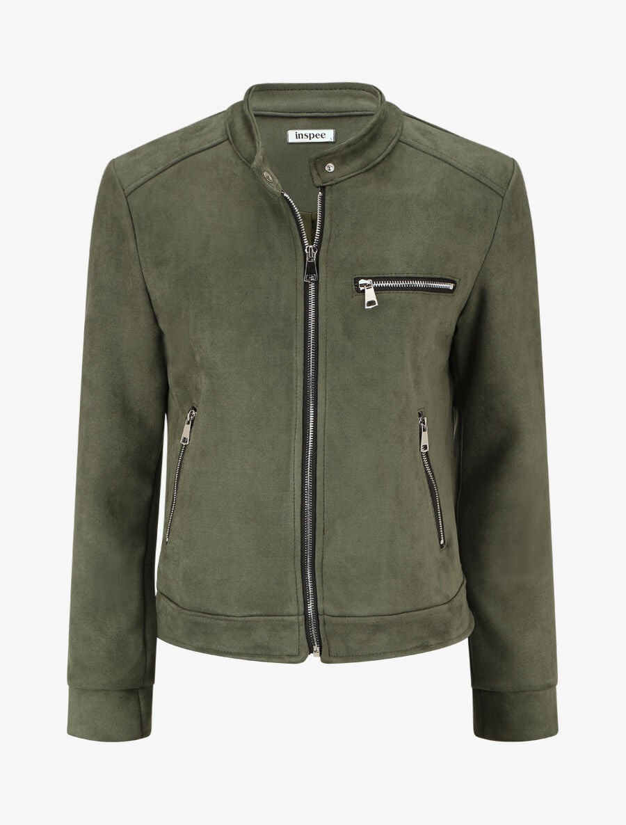 Veste en suédine à poches zippées - Kaki - 1