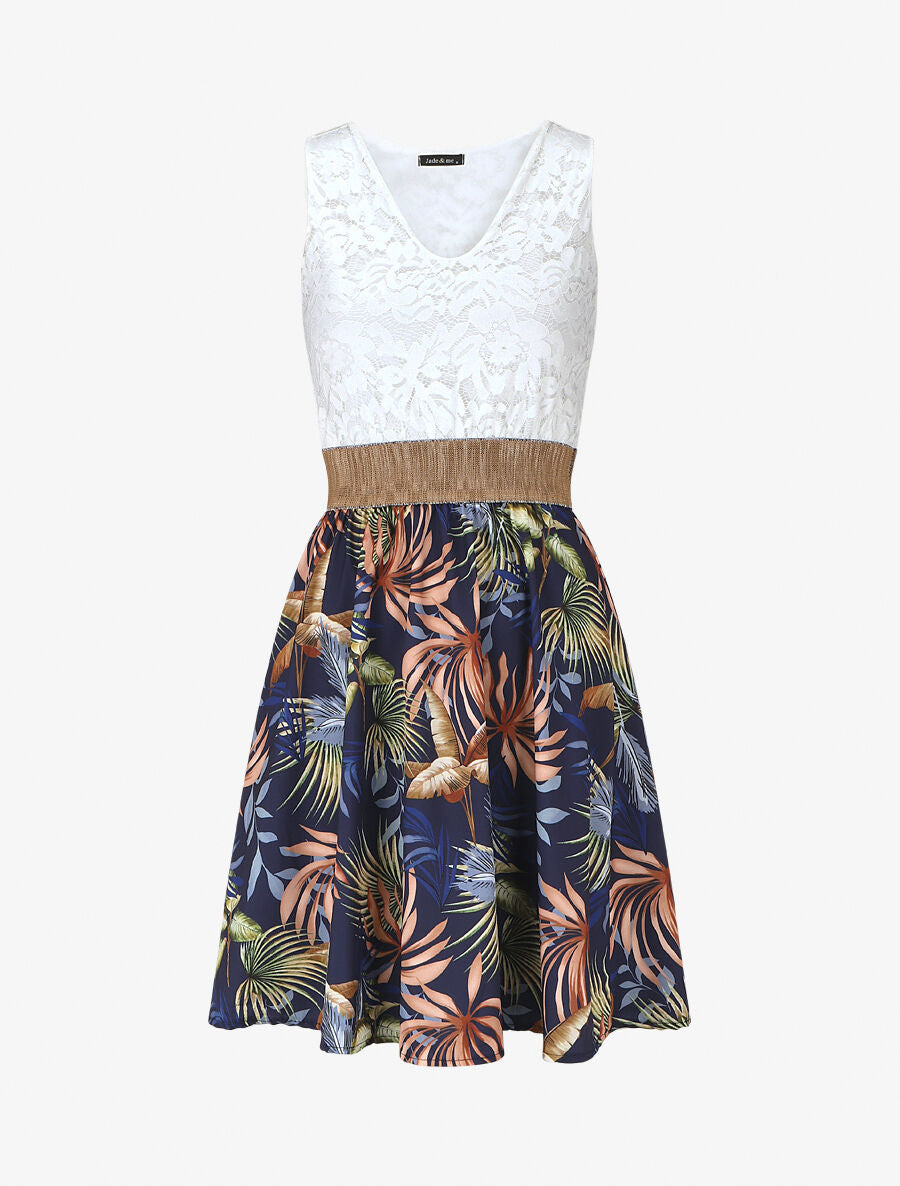 Robe bi-matière imprimé tropical - Marine - 1