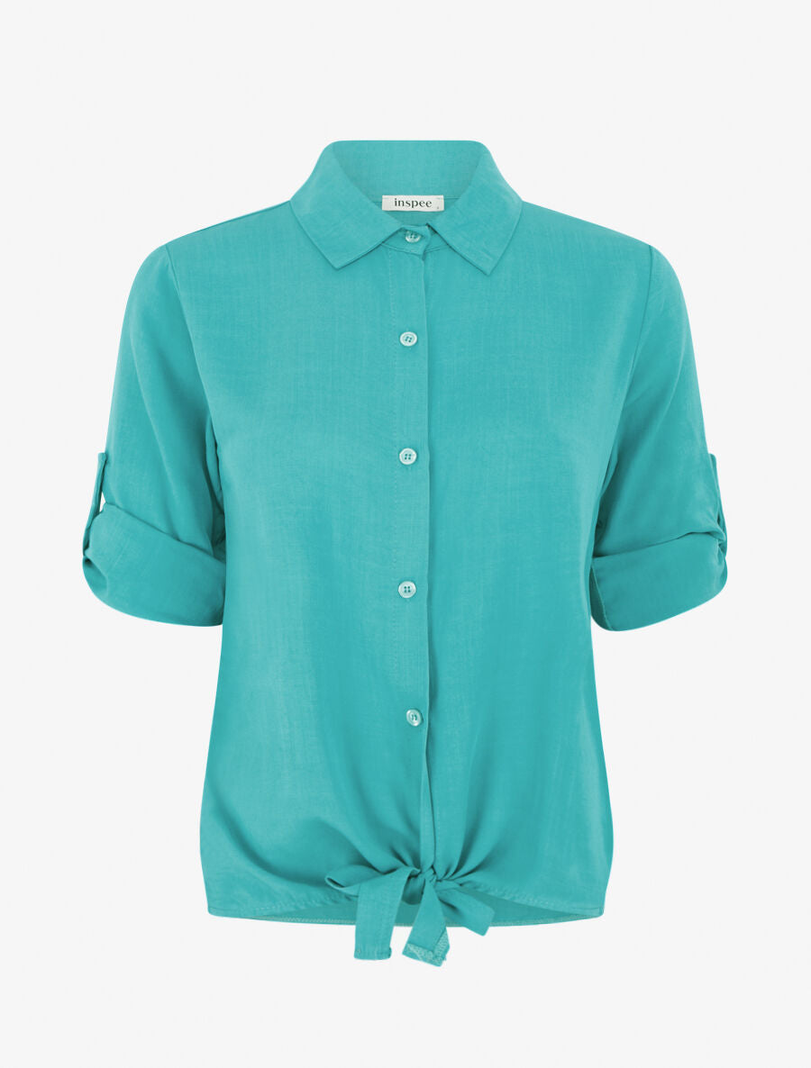 Chemise à nouer et à manches retroussables - Turquoise - 1