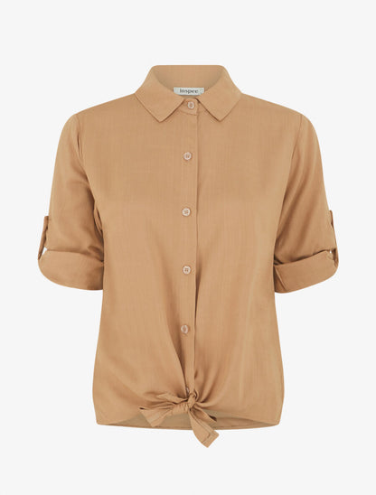 Chemise à nouer et à manches retroussables - Camel - 1