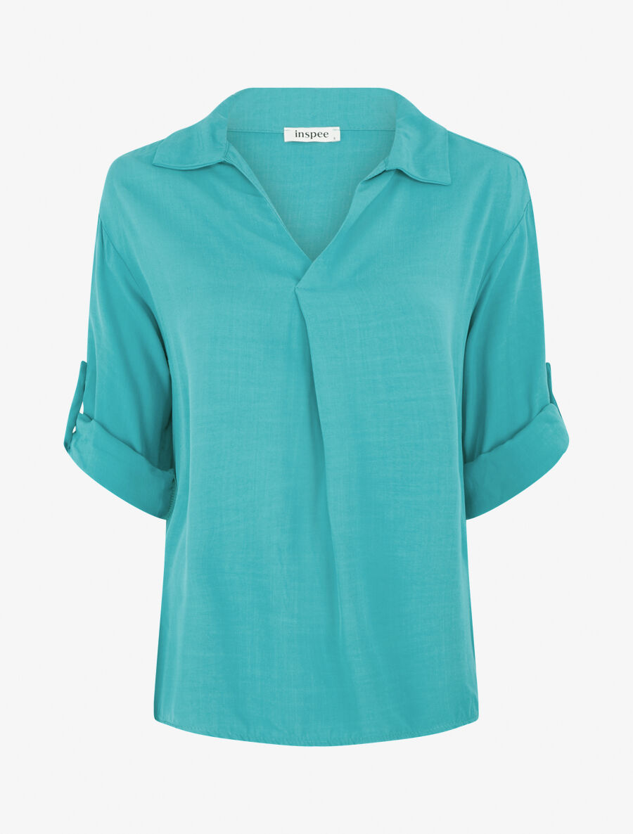 Top uni à manches retroussables - Turquoise - 1