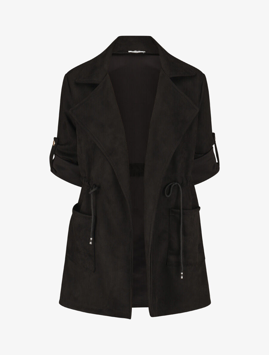 Veste longue unie en suédine - Noir - 4