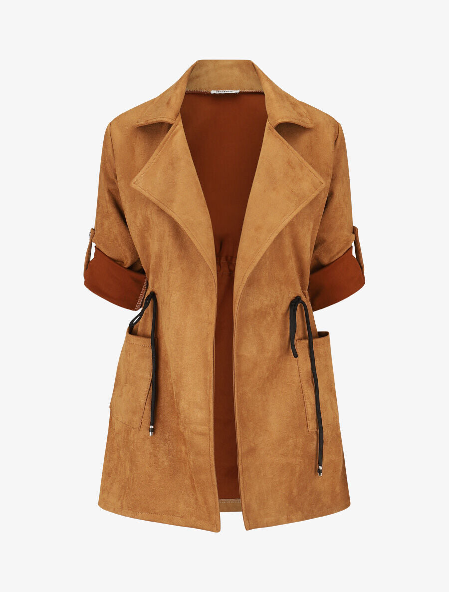 Veste longue unie en suédine - Camel - 1